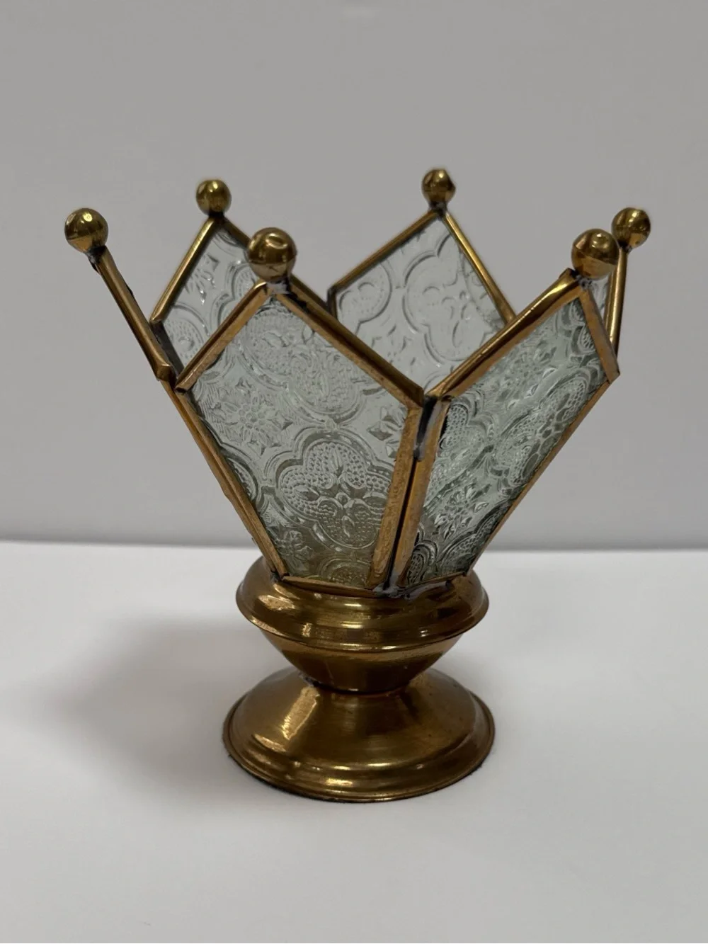 Vintage Crown Glass & Brass Decorative Votive Holder - Gold & Clear India fairy